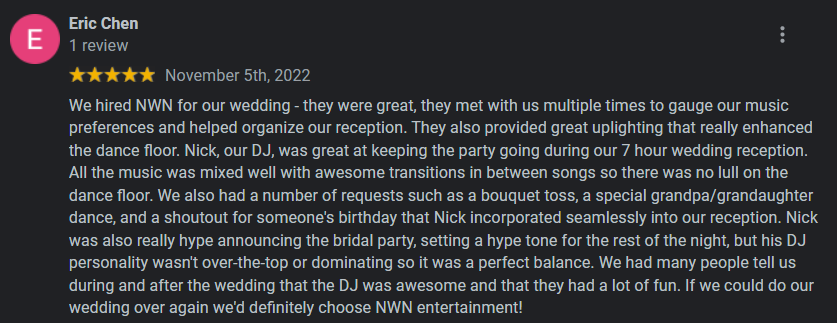 NWN Entertainment 2022 Wedding DJ Review from Eric Chen Albany NY Wedding